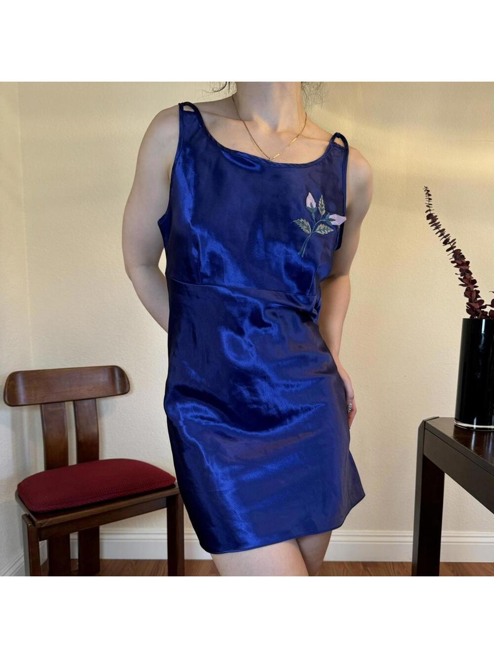 Vintage Satin mini Slip Dress Womens Medium Blue Flower Embroidery Backless